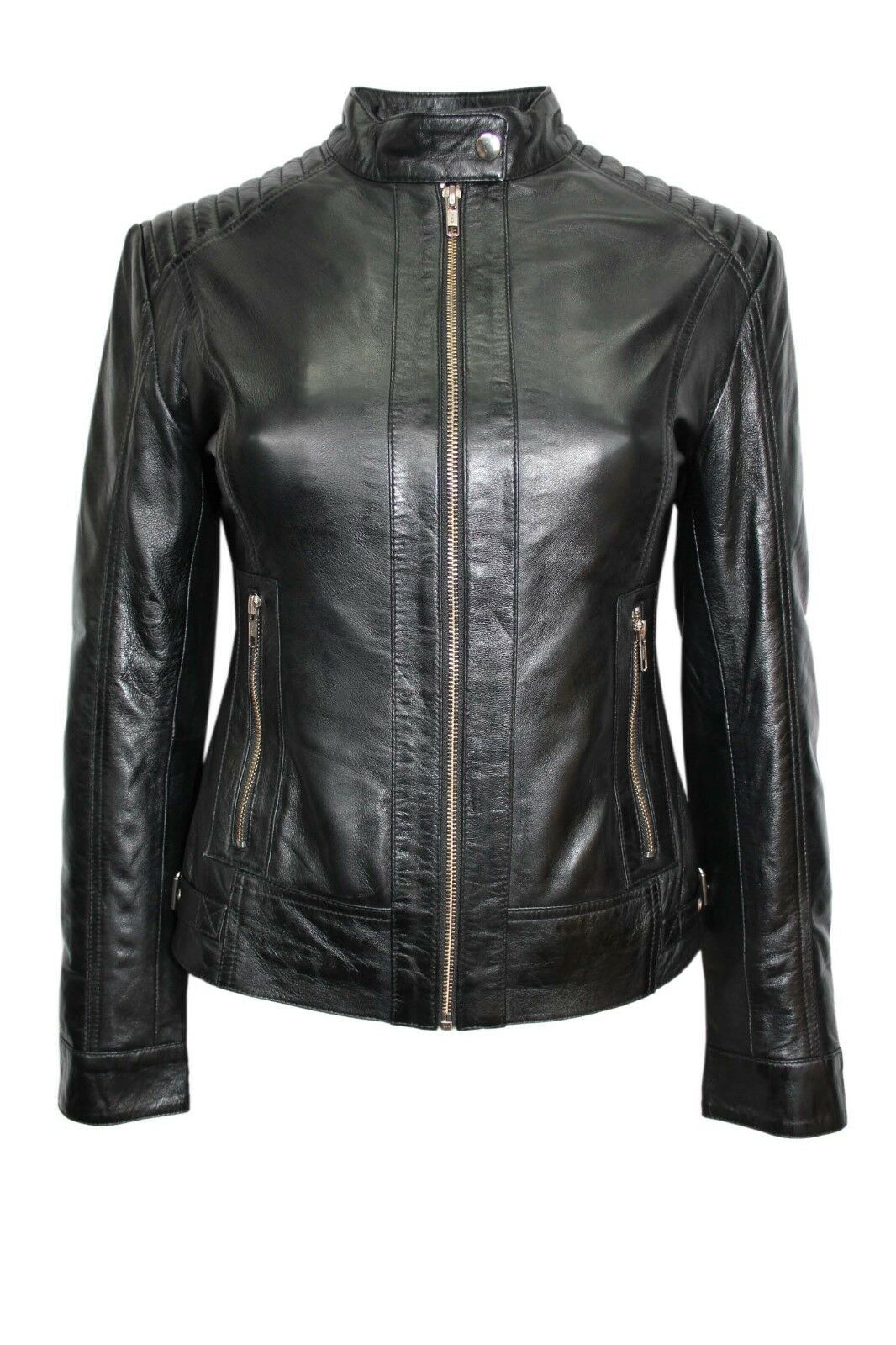 Luxury Ladies Black Casual Style Fitted Motorcycle Real Nappa Leather Jacket - LuxurenaMall