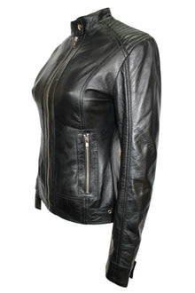 Luxury Ladies Black Casual Style Fitted Motorcycle Real Nappa Leather Jacket - LuxurenaMall