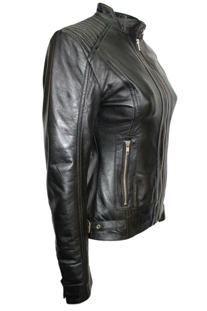 Luxury Ladies Black Casual Style Fitted Motorcycle Real Nappa Leather Jacket - LuxurenaMall
