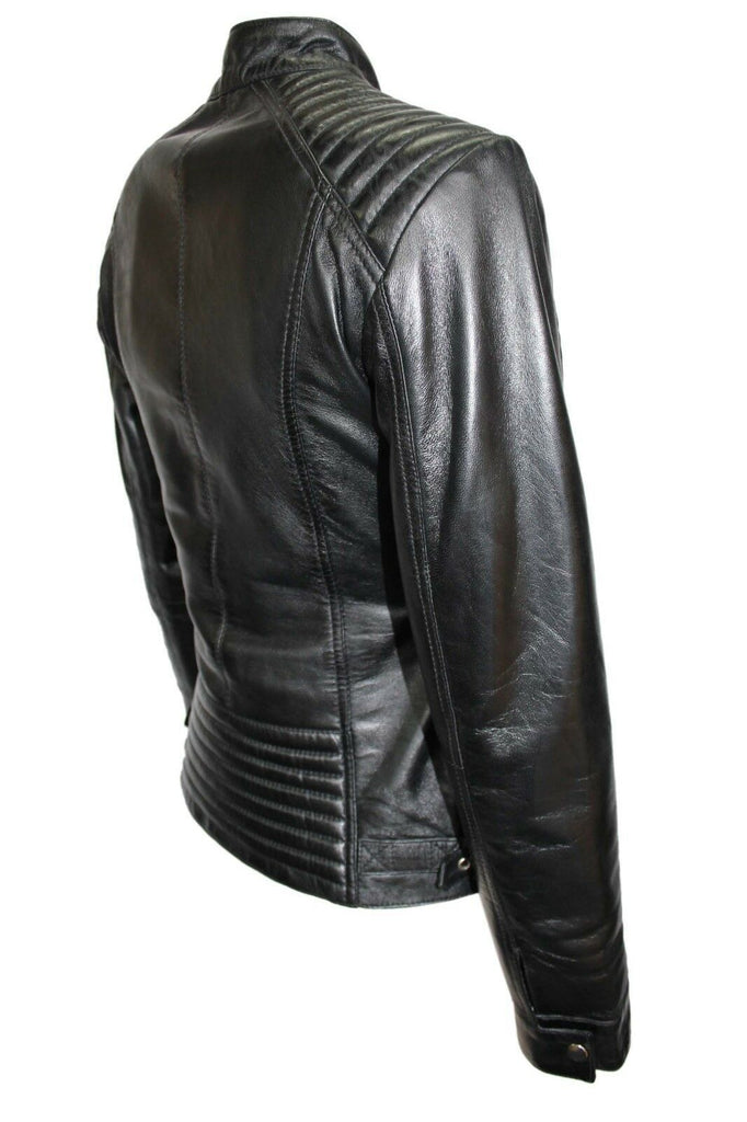 Luxury Ladies Black Casual Style Fitted Motorcycle Real Nappa Leather Jacket - LuxurenaMall