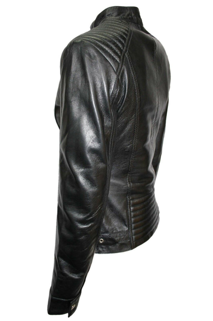 Luxury Ladies Black Casual Style Fitted Motorcycle Real Nappa Leather Jacket - LuxurenaMall