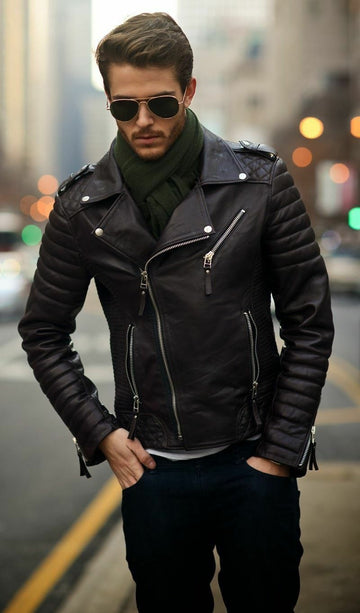 Mens Diamond Quilted Slim Fit Kay Michael Black Leather Biker Jacket - Luxurena Leather