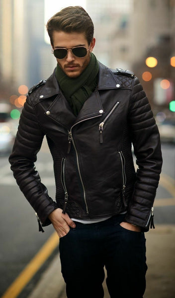 Men's Genuine Leather Slim Fit Kay Michael Diamond Quilted Motorcycle Biker Black Jacket