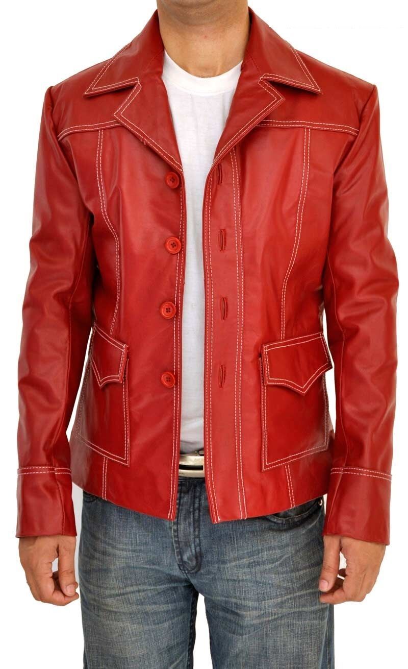 Mens Fight Club Brad Pitt Red Leather Jacket - Luxurena Leather