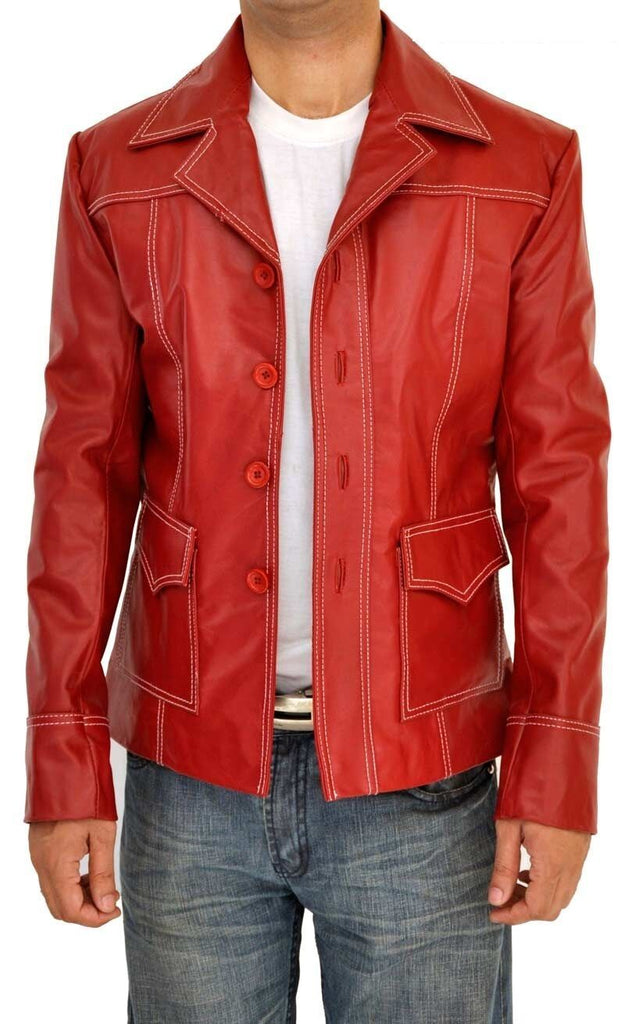 Mens Fight Club Brad Pitt Red Leather Jacket - Luxurena Leather