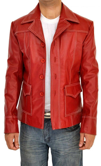 Men's Genuine Leather Fight Club Brad Pitt Motorcycle Biker Red Jacket