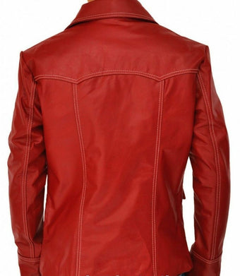Men's Genuine Leather Fight Club Brad Pitt Motorcycle Biker Red Jacket