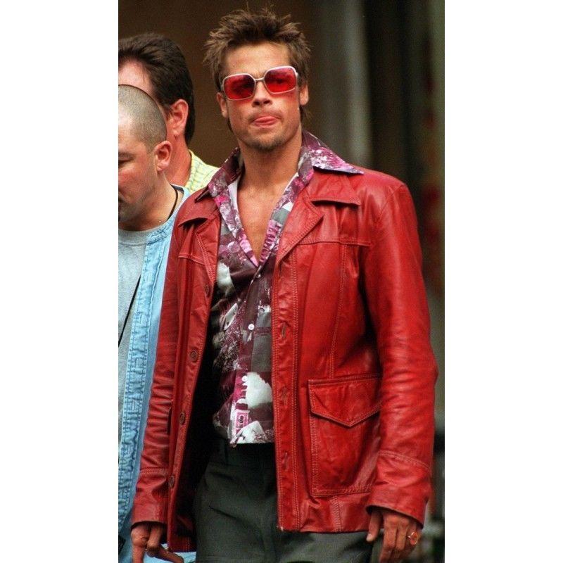 Mens Fight Club Brad Pitt Red Leather Jacket - Luxurena Leather