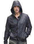 Mens Mission Impossible Ghost Protocol Tom Cruise Hooded Black Leather Jacket - LuxurenaMall