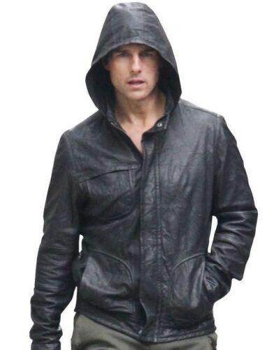 Mens Mission Impossible Ghost Protocol Tom Cruise Hooded Black Leather Jacket - LuxurenaMall