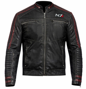 Mens N7 Mass Effect 3 Commander Shepard Motorcycle Black Leather Biker Jacket - LuxurenaMall