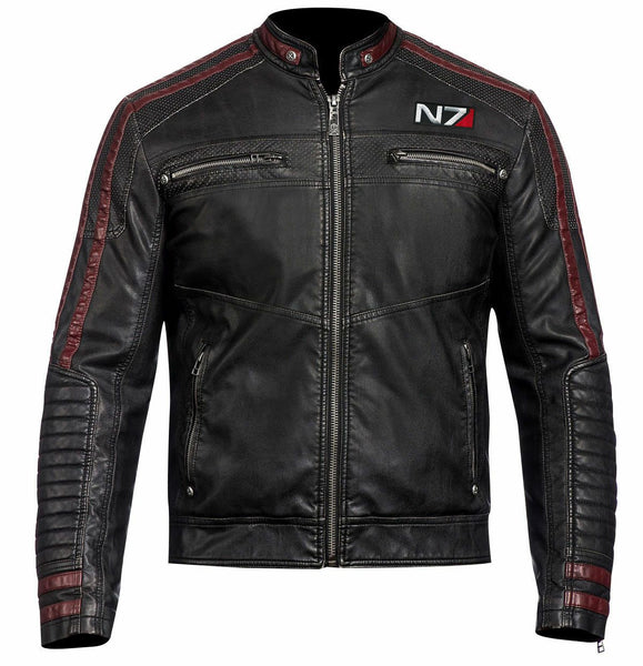 Men's N7 Mass Effect 3 Commander Shepard Motorcycle Black Leather Biker Jacket