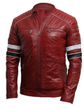 Mens Retro 2 Cafe Racer Antique Brando Red Leather Biker Jacket - LuxurenaMall
