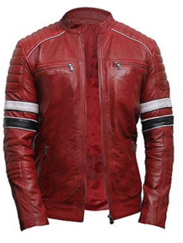 Mens Retro 2 Cafe Racer Antique Brando Red Leather Biker Jacket - LuxurenaMall