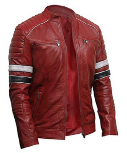 Mens Retro 2 Cafe Racer Antique Brando Red Leather Biker Jacket - LuxurenaMall