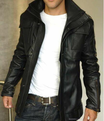 Mens Slim Fit Motorcycle Black Leather Biker Jacket - LuxurenaMall