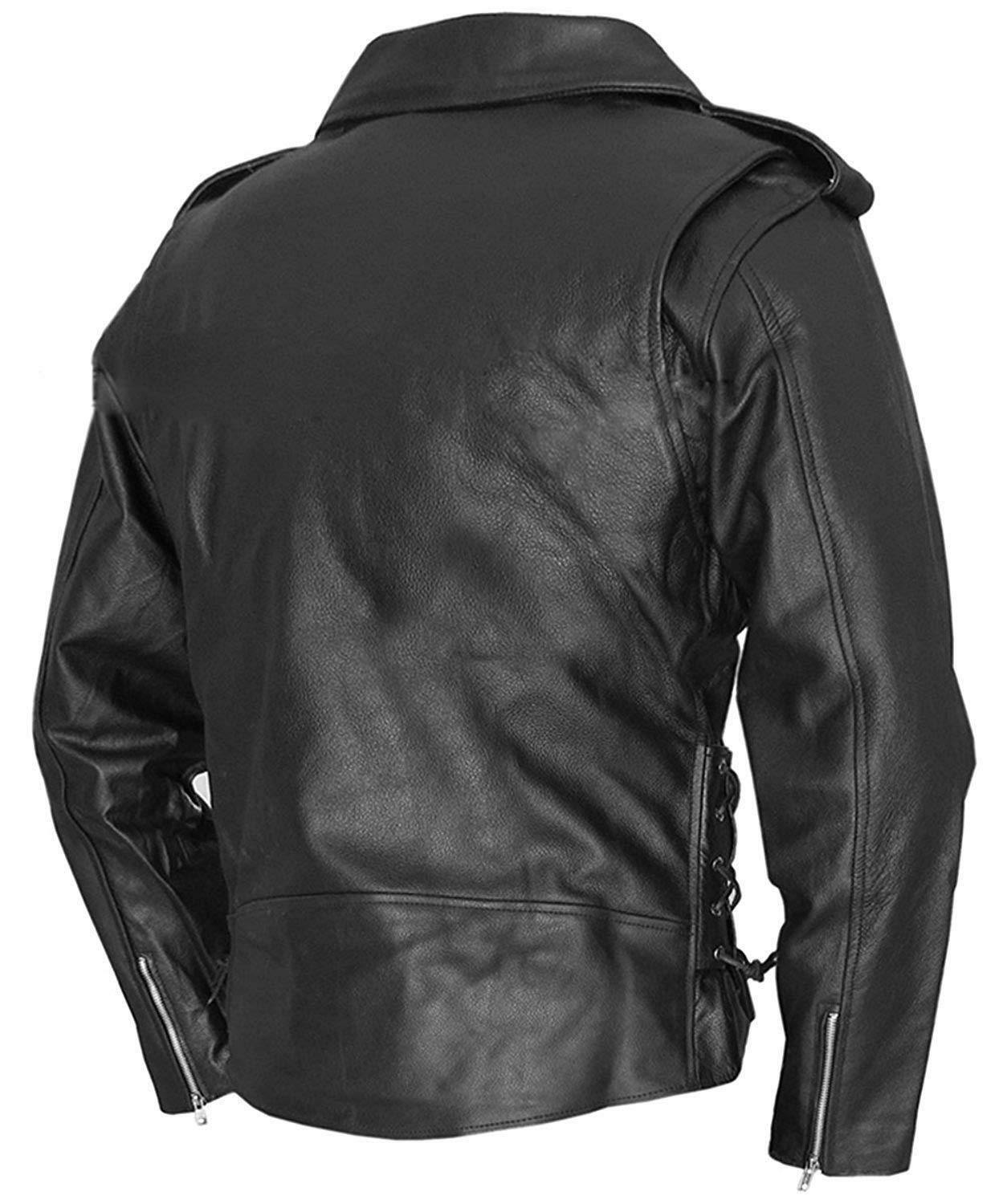 Mens Terminator Marlon Brando Hollywood Style Black Real Leather Biker Jacket - LuxurenaMall