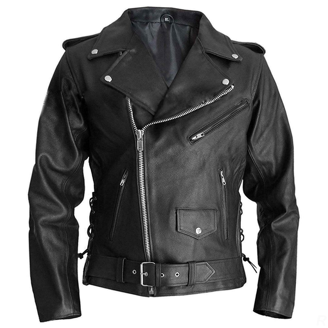 Mens Terminator Marlon Brando Hollywood Style Black Real Leather Biker Jacket - LuxurenaMall
