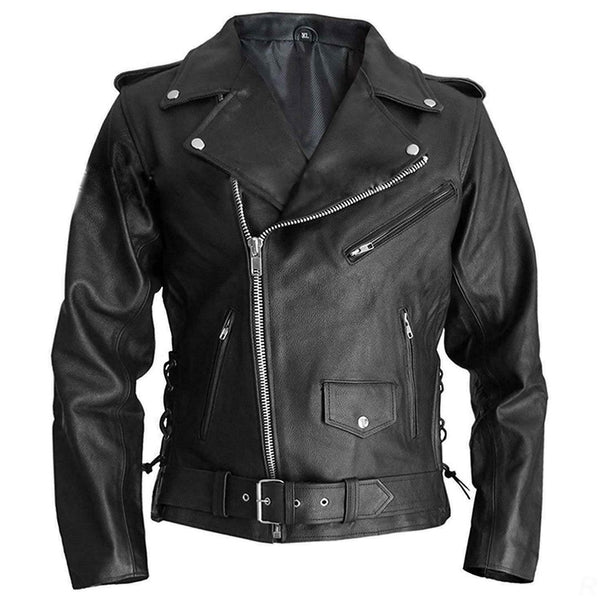 Men's Genuine Leather Terminator Marlon Brando Motorcycle Biker Black Jacket