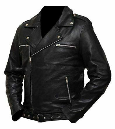 Mens The Walking Dead Negan Jeffrey Dean Morgan Black Leather Biker Jacket - LuxurenaMall