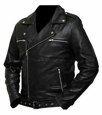 Mens The Walking Dead Negan Jeffrey Dean Morgan Black Leather Biker Jacket - LuxurenaMall