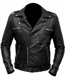 Mens The Walking Dead Negan Jeffrey Dean Morgan Black Leather Biker Jacket - LuxurenaMall