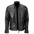Skull Ride Distressed Cafe Black Racer Motorcycle Leather Jacket for Men - LuxurenaMall
