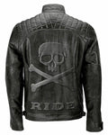 Skull Ride Distressed Cafe Black Racer Motorcycle Leather Jacket for Men - LuxurenaMall