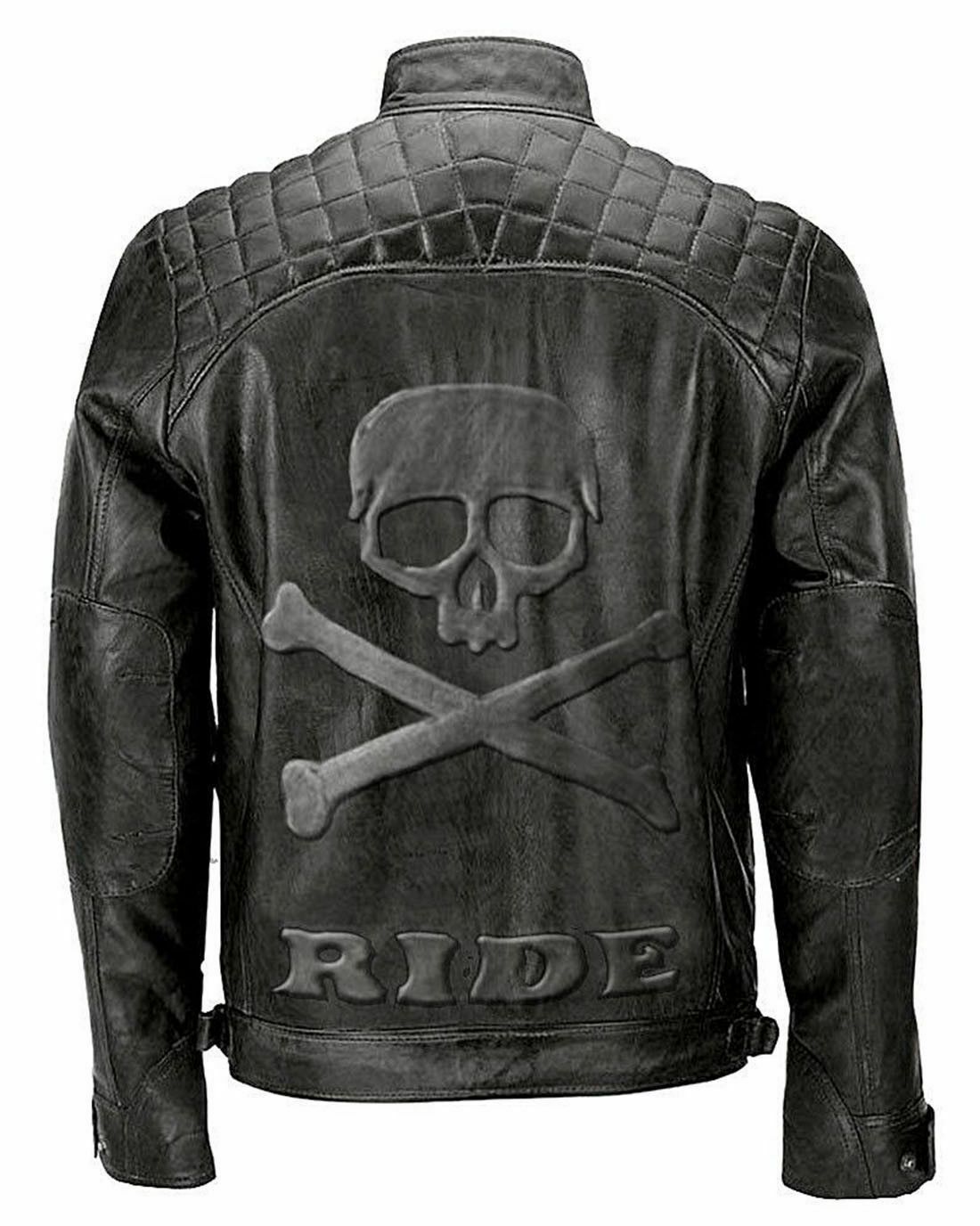 Skull Ride Distressed Cafe Black Racer Motorcycle Leather Jacket for Men - LuxurenaMall
