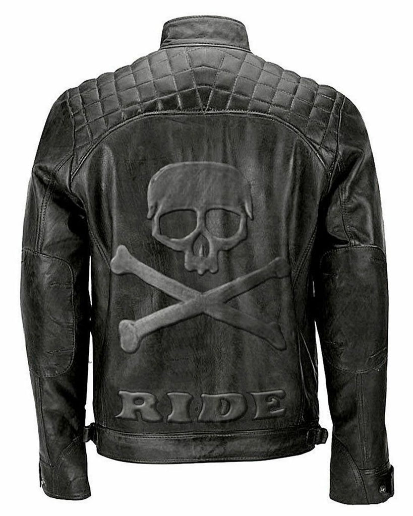 Skull Ride Distressed Cafe Black Racer Motorcycle Leather Jacket for Men - LuxurenaMall