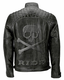 Skull Ride Distressed Cafe Black Racer Motorcycle Leather Jacket for Men - LuxurenaMall
