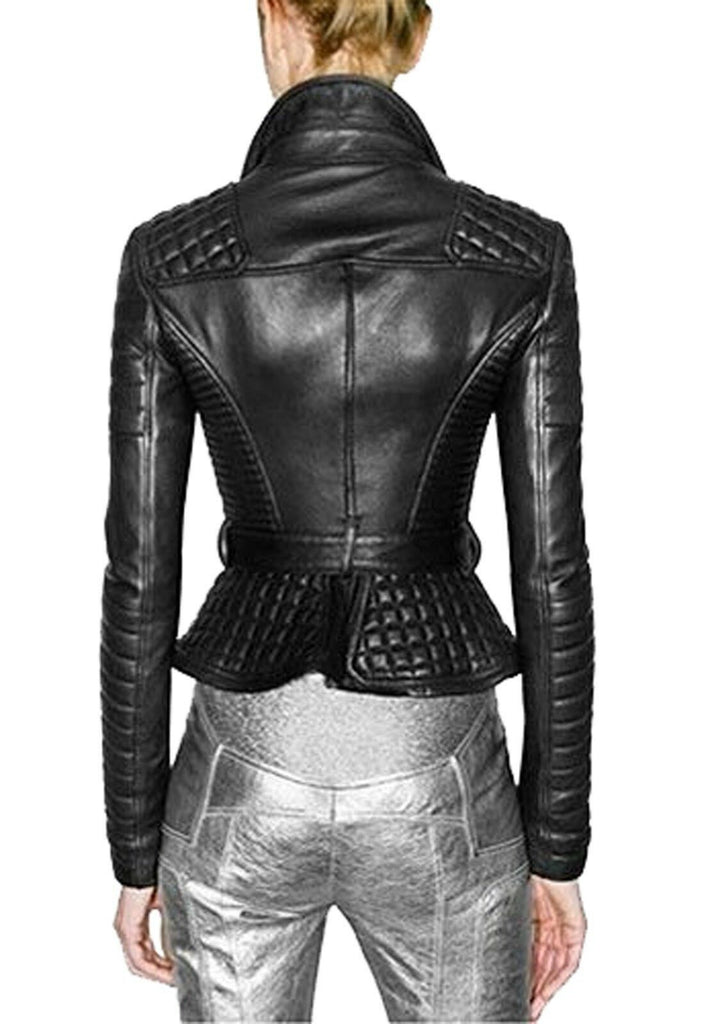 Women Motorcycle Black Leather Biker Coat Jacket - LuxurenaMall