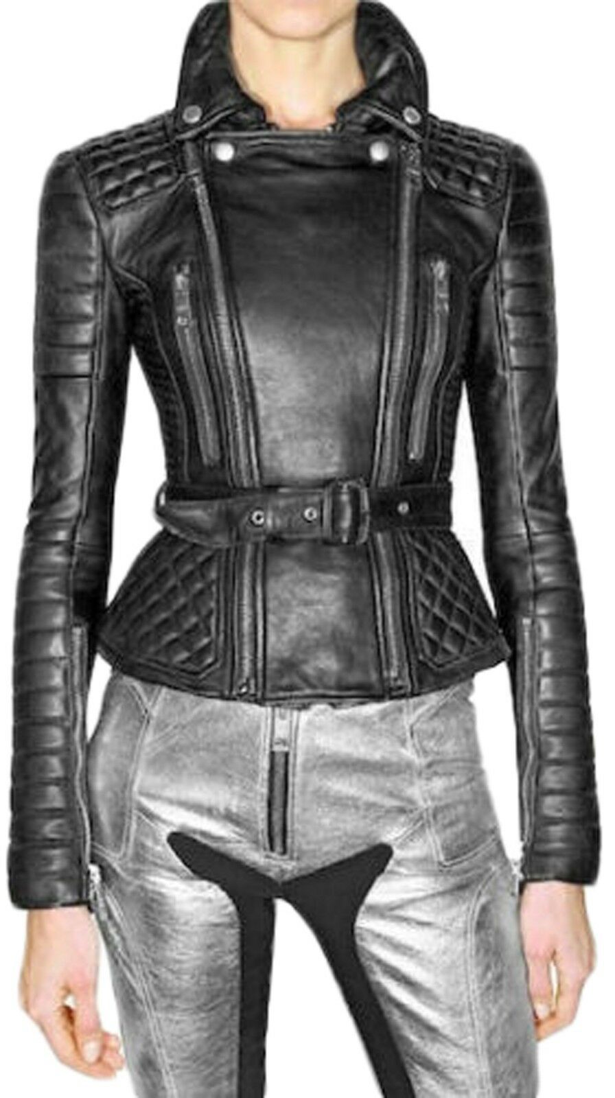 Women Motorcycle Black Leather Biker Coat Jacket - LuxurenaMall
