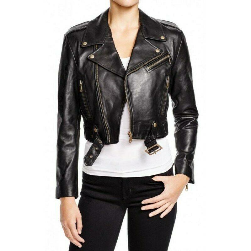 Women Slim Fit Short Motorcycle Black Leather Biker Jacket - LuxurenaMall