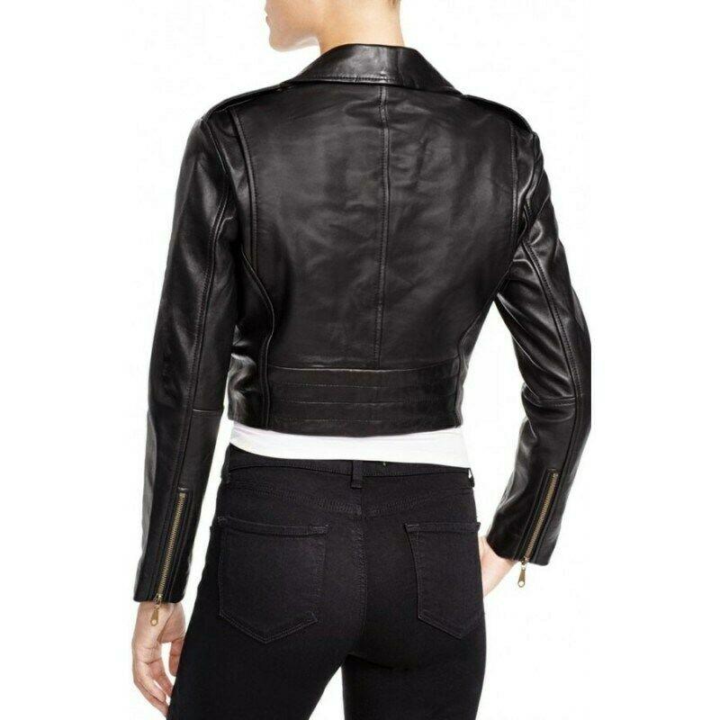 Women Slim Fit Short Motorcycle Black Leather Biker Jacket - LuxurenaMall