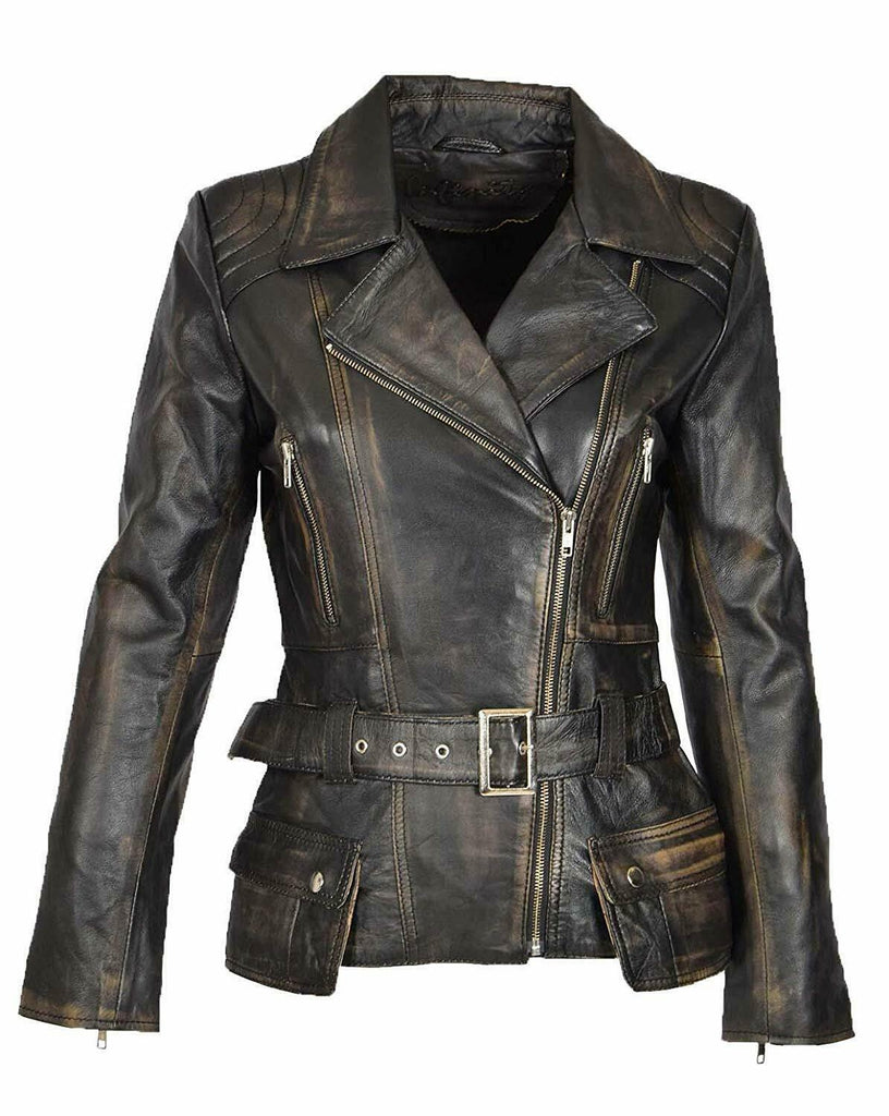 Womens Brando Cafe Racer Motorcycle Vintage Distressed Brown Leather Biker Jacket - LuxurenaMall