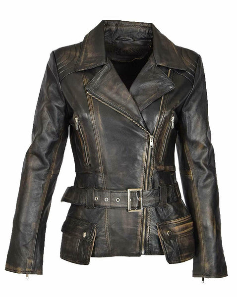 Womens Brando Cafe Racer Motorcycle Vintage Distressed Brown Leather Biker Jacket