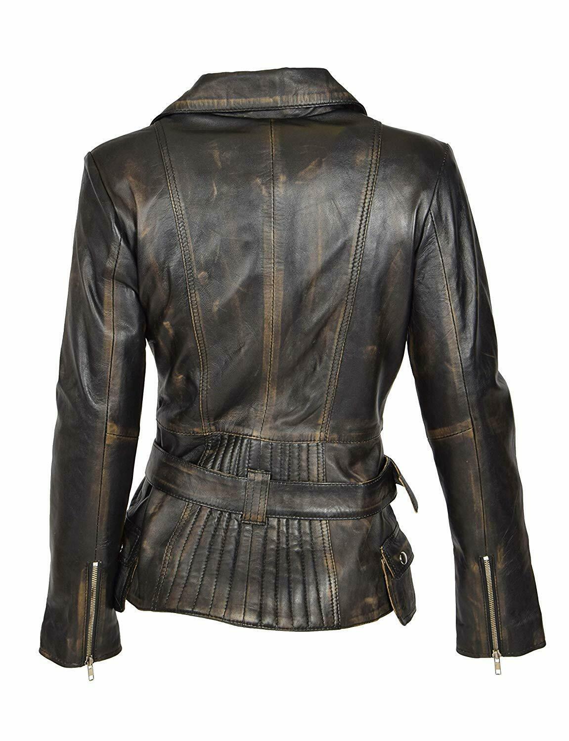 Womens Brando Cafe Racer Motorcycle Vintage Distressed Brown Leather Biker Jacket - LuxurenaMall