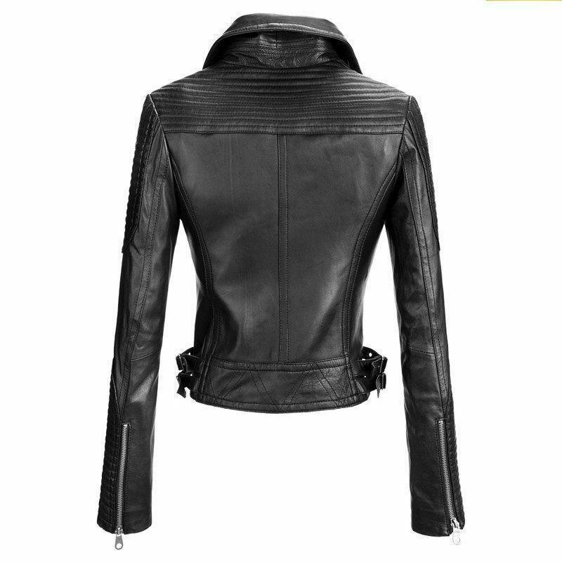 Womens Cafe Racer Motorcycle Quilted Black Leather Biker Jacket - LuxurenaMall