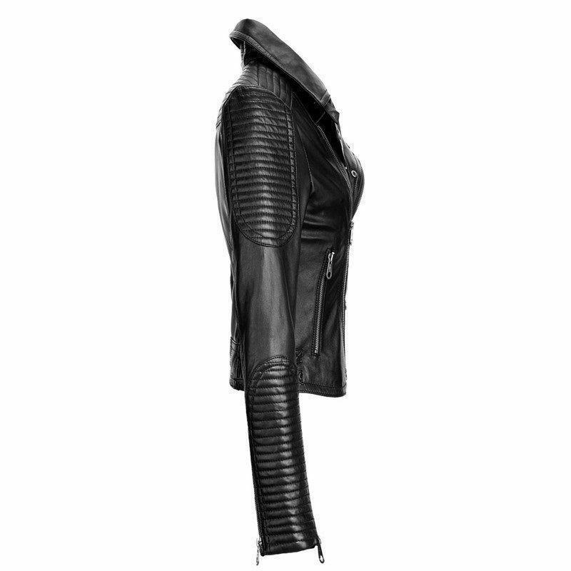 Womens Cafe Racer Motorcycle Quilted Black Leather Biker Jacket - LuxurenaMall