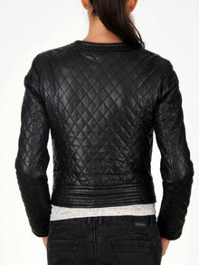 Womens Diamond Quilted Slim Fit Moto Black Leather Biker Jacket - LuxurenaMall