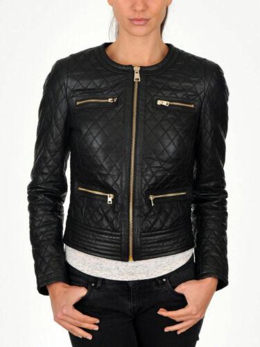 Womens Diamond Quilted Slim Fit Moto Black Leather Biker Jacket - LuxurenaMall