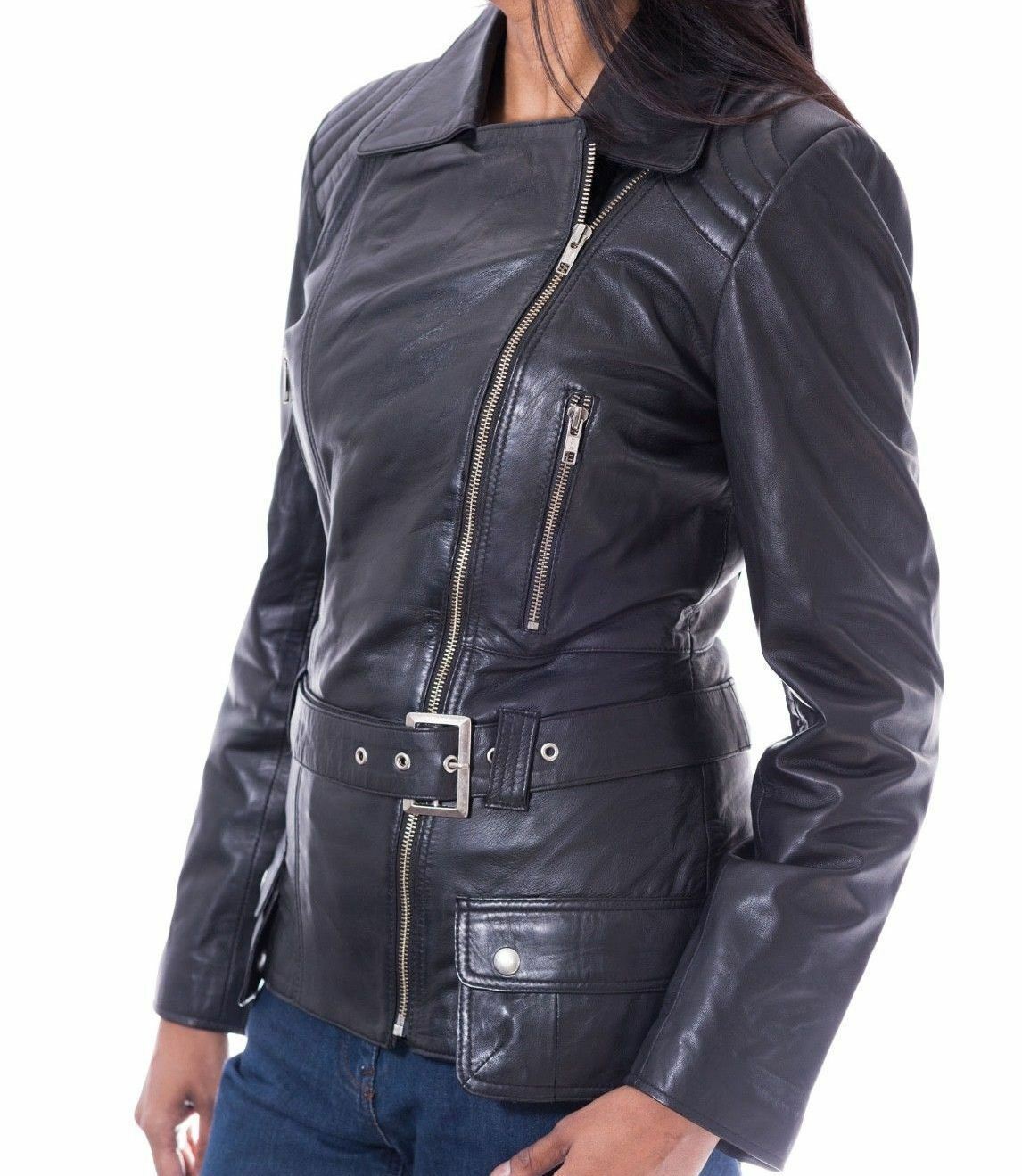 Womens Motorbike Black Leather Biker Jacket - LuxurenaMall