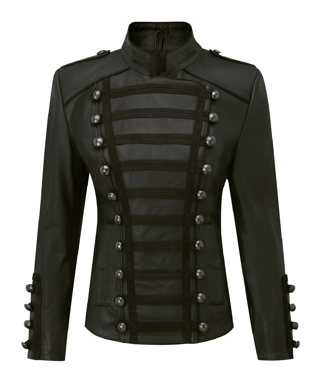 Womens Olivia Palermo Napoleon Military Black Leather Jacket - LuxurenaMall