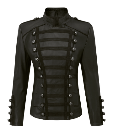 Womens Olivia Palermo Napoleon Military Black Leather Jacket - LuxurenaMall