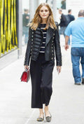 Womens Olivia Palermo Napoleon Military Black Leather Jacket - LuxurenaMall