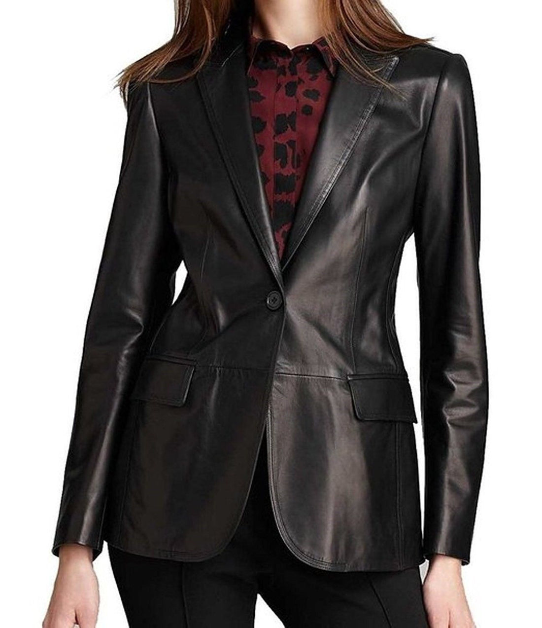 Womens One Button Blazer Black Leather Coat Jacket - LuxurenaMall