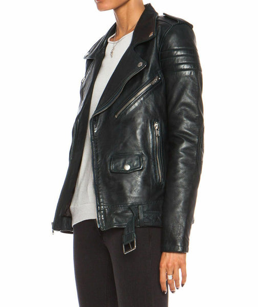 Womens Slim Fit Marlon Brando Belted Black Leather Biker Jacket