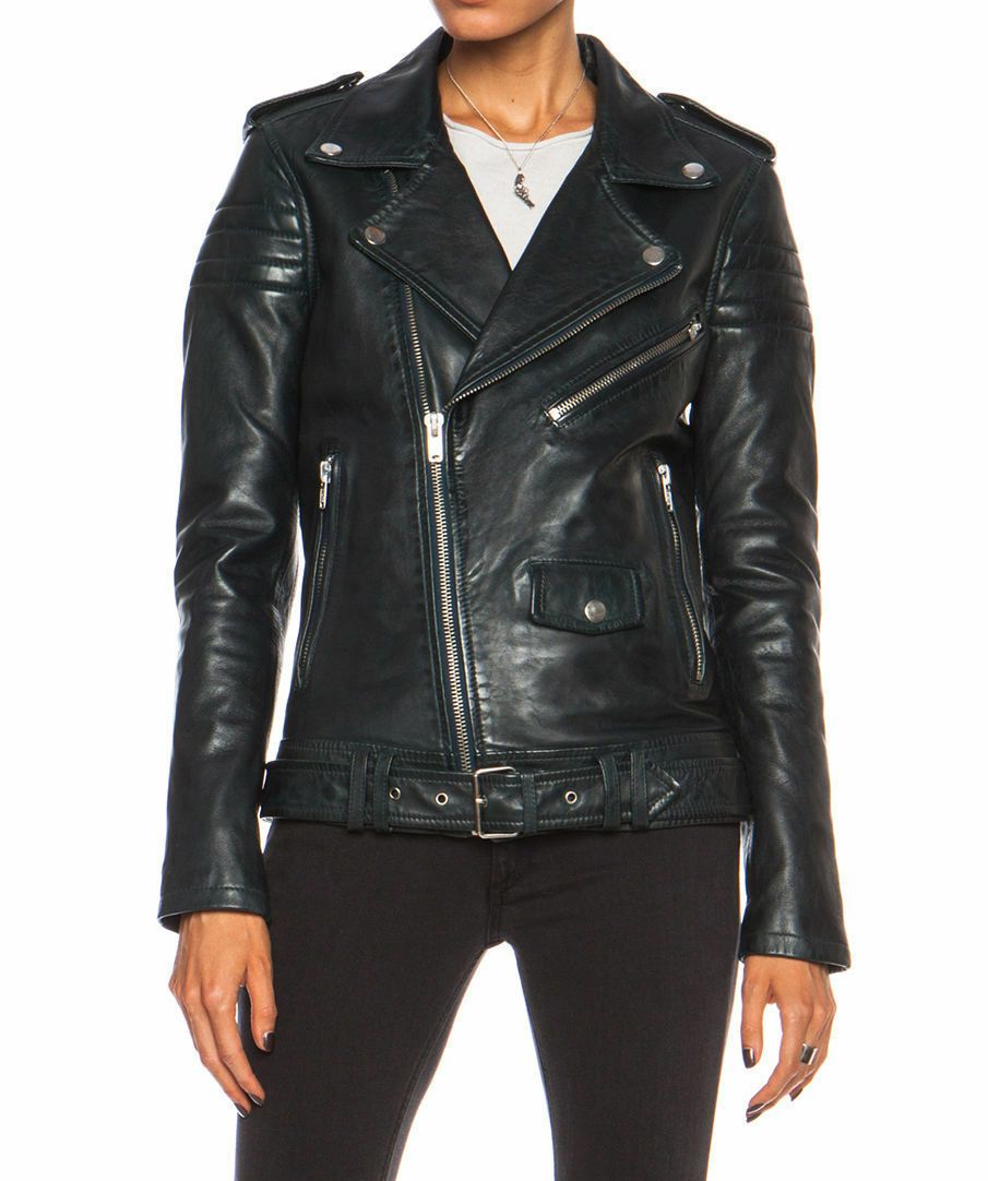 Womens Slim Fit Marlon Brando Belted Motorcycle Black Leather Biker Jacket - LuxurenaMall