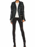 Womens Slim Fit Marlon Brando Belted Motorcycle Black Leather Biker Jacket - LuxurenaMall